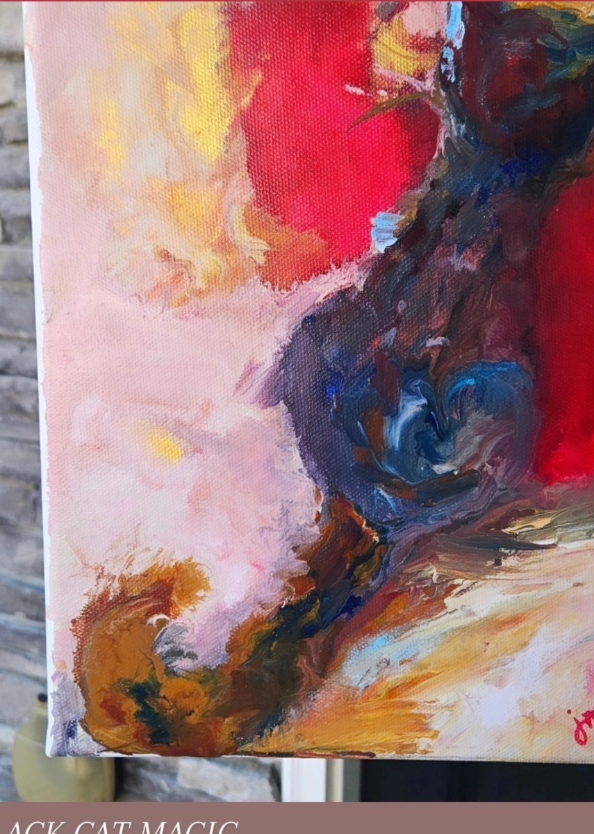 Black Cat Magic, an abstract dark cat emerging through red, gold, and blue