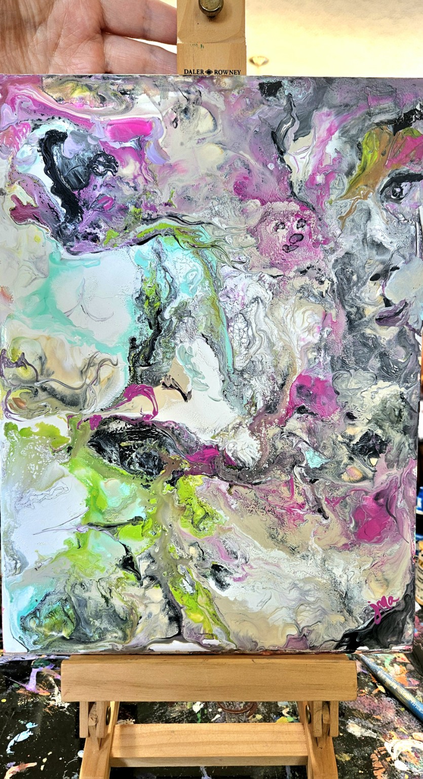 Abstract painting with pink, turquoise, lime, and black movement