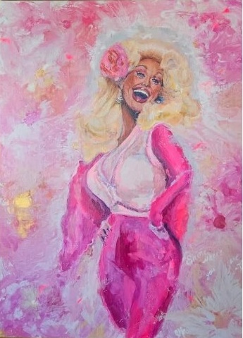 Dolly Up, full portrait in rose pink and soft cream, shown on its easel