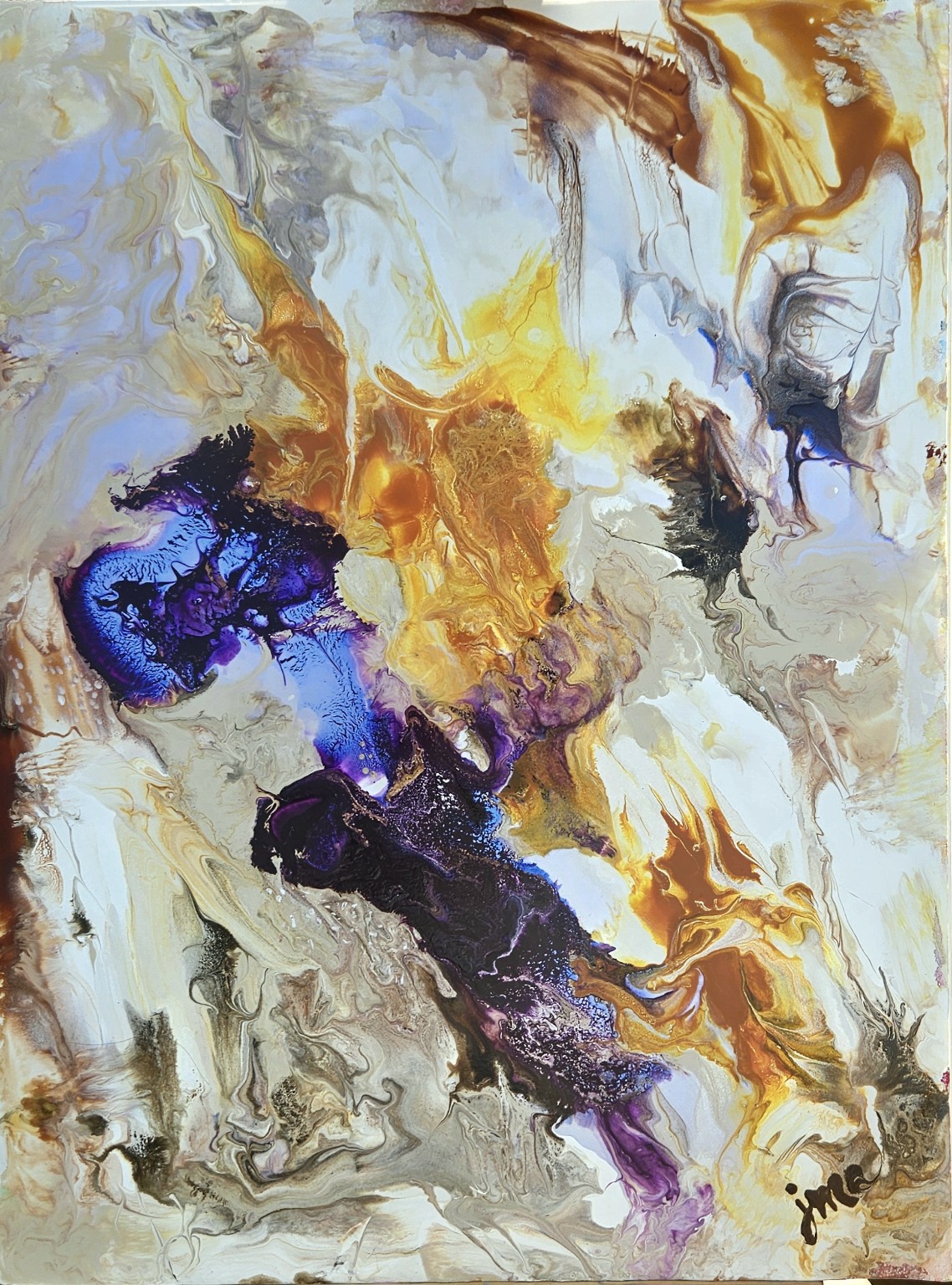 For the Love of Iris, violet and blue iris emerging from cream and gold