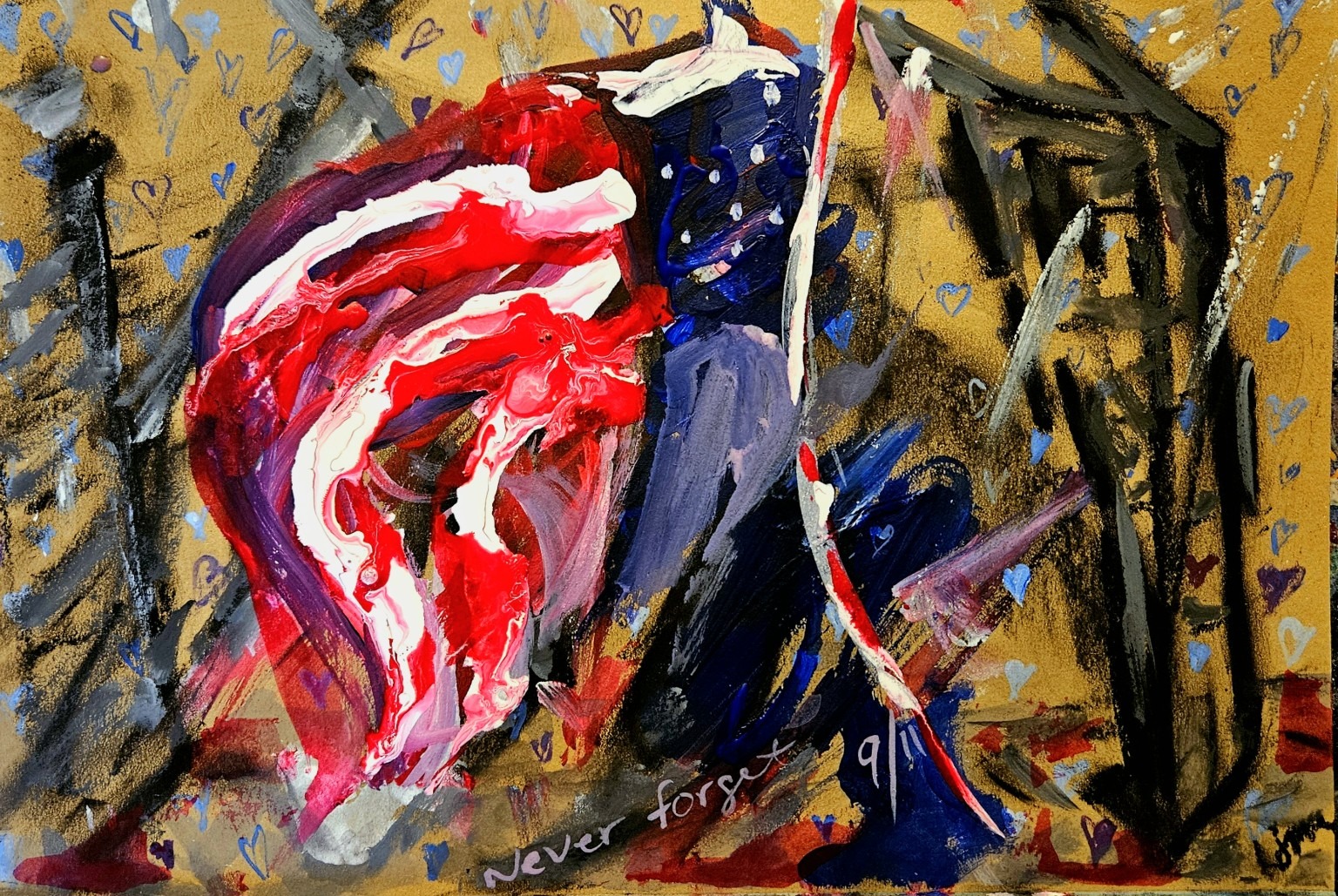 Abstract American flag painted in red, white, and blue over a gold field