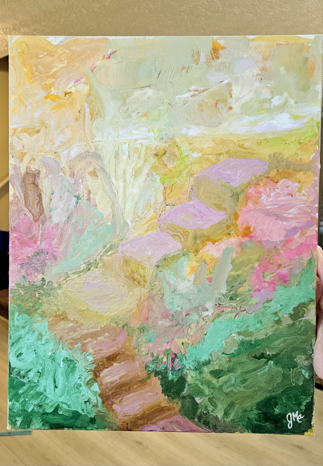 Pathway, a winding path through a pink and green garden