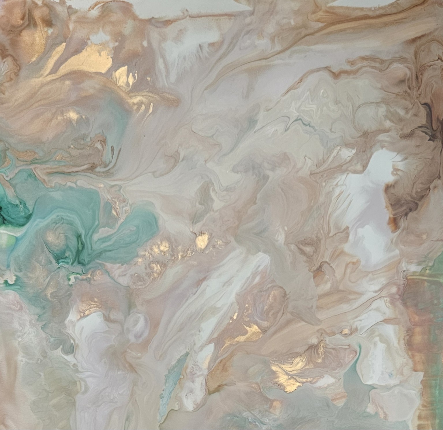 Swimming Titans, turquoise forms moving through pearl and sand