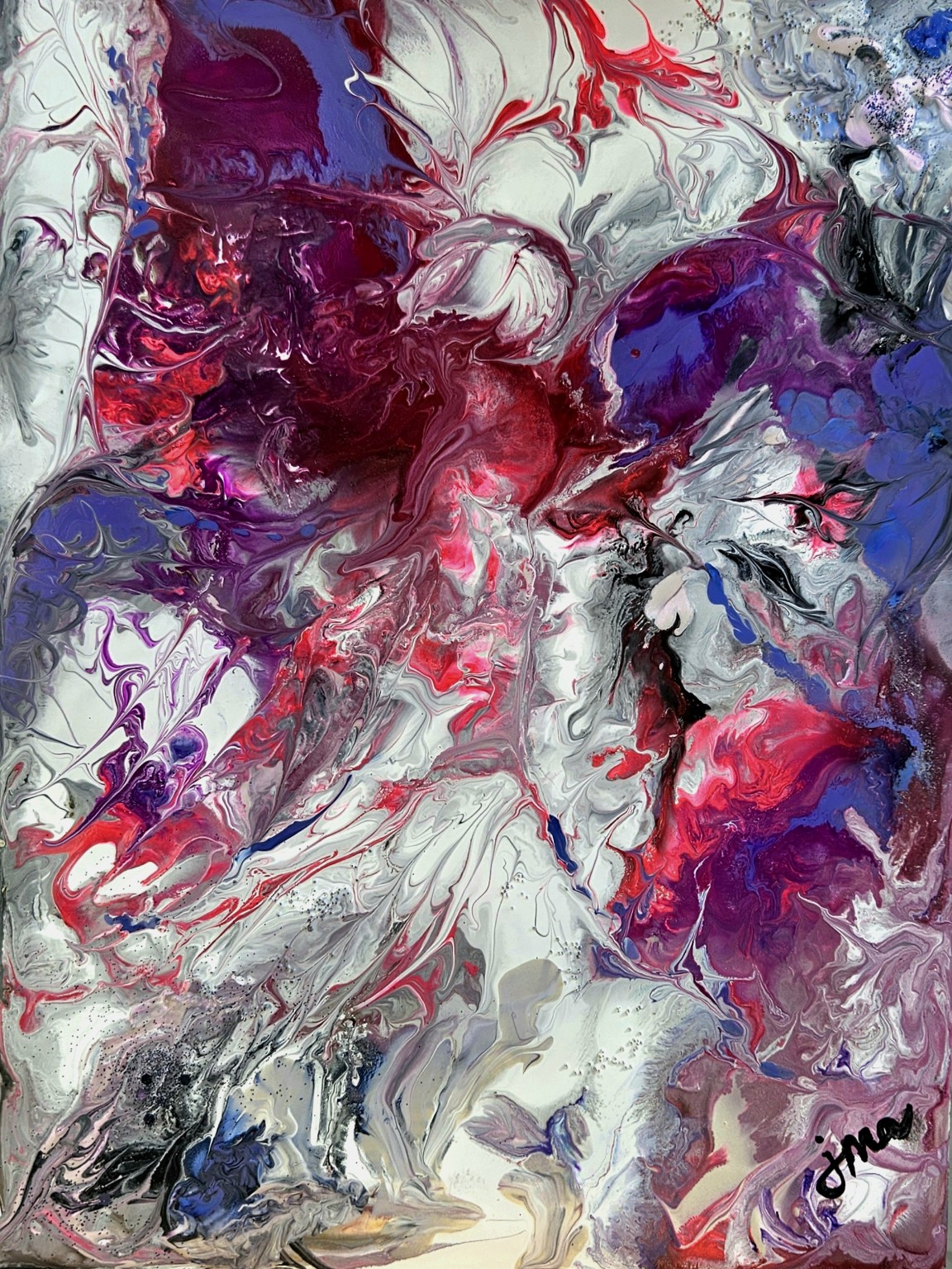 The Meek, flowing red, violet, and pearl forms with a figure emerging