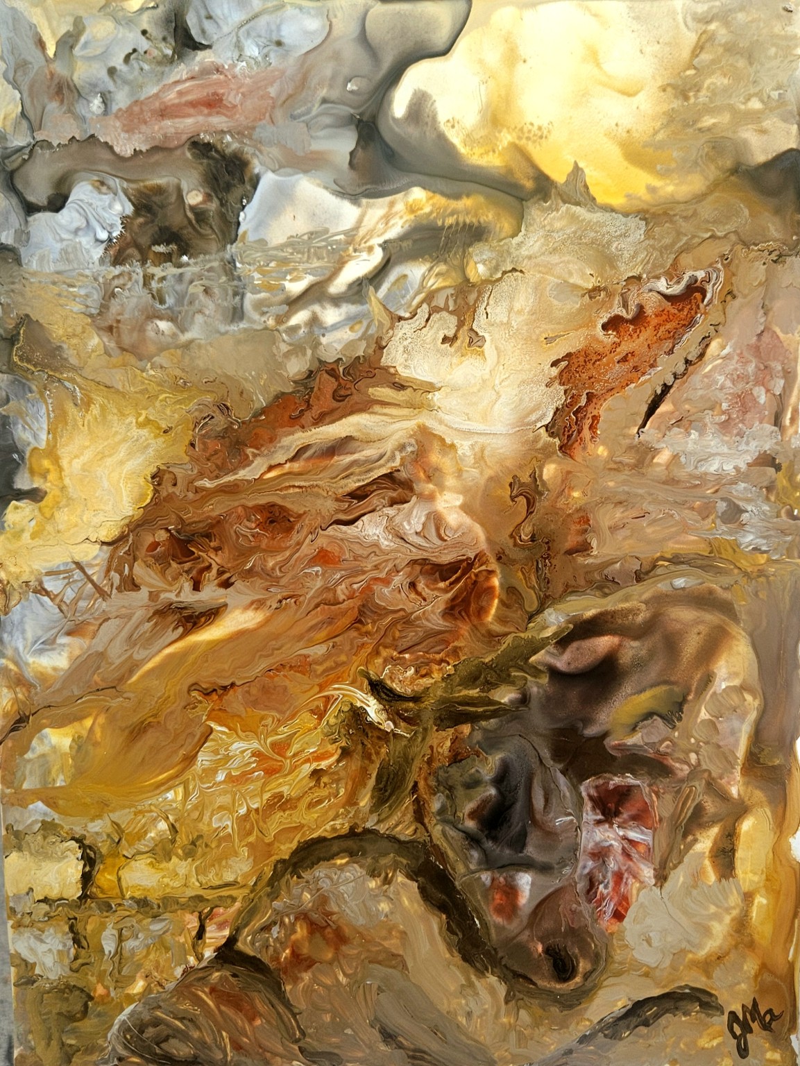 Wings, flowing gold, cream and dark feather-like forms